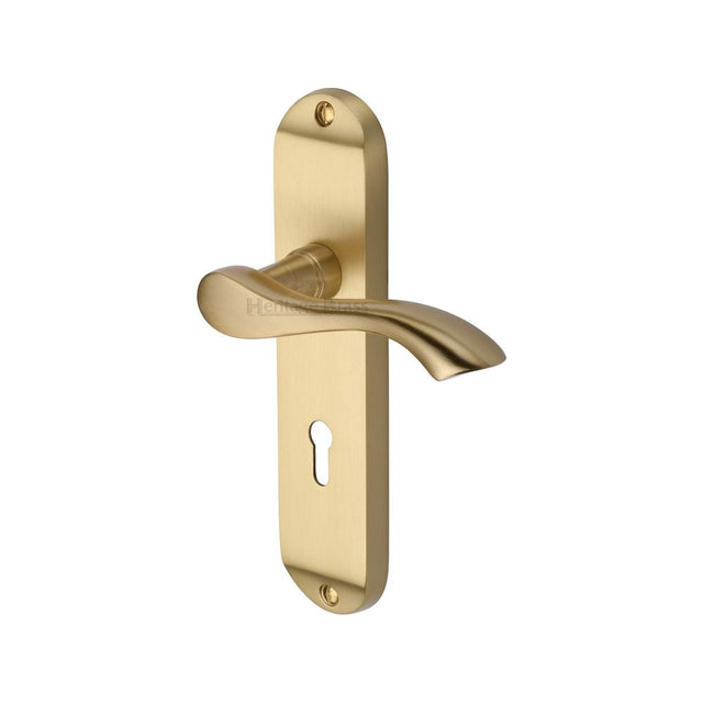 This is an image of a Heritage Brass - Door Handle Lever Lock Algarve Design Satin Brass Finish, mm924-sb that is available to order from T.H Wiggans Ironmongery in Kendal.