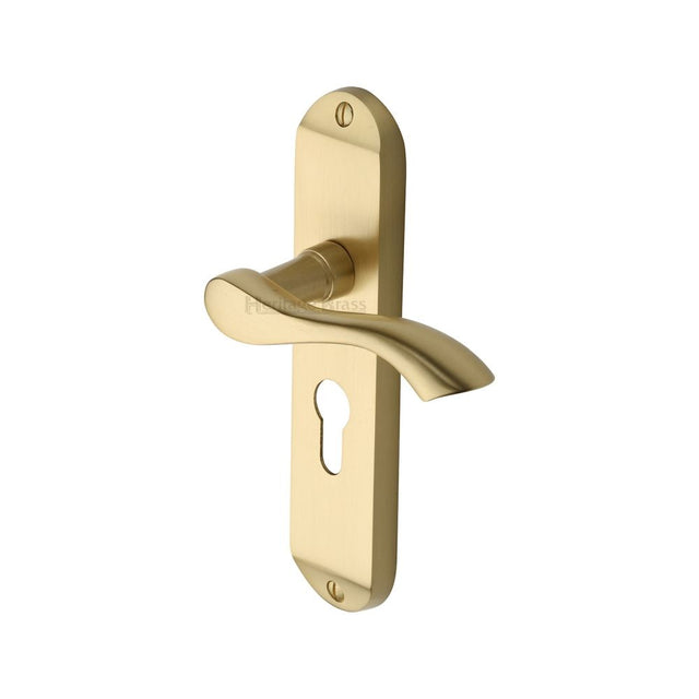 This is an image of a Heritage Brass - Door Handle for Euro Profile Plate Algarve Design Satin Brass Fi, mm925-sb that is available to order from T.H Wiggans Ironmongery in Kendal.
