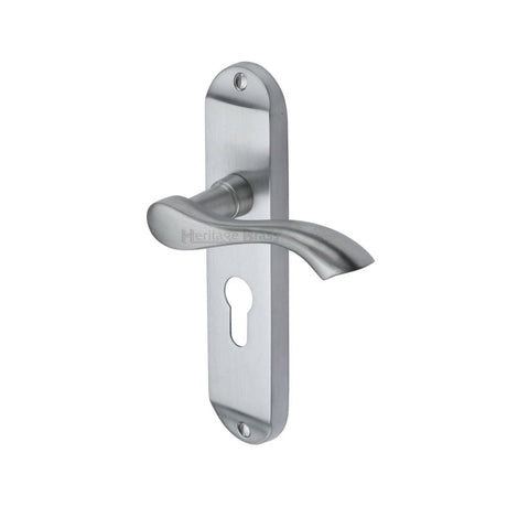 This is an image of a Heritage Brass - Door Handle for Euro Profile Plate Algarve Design Satin Chrome F, mm925-sc that is available to order from T.H Wiggans Ironmongery in Kendal.