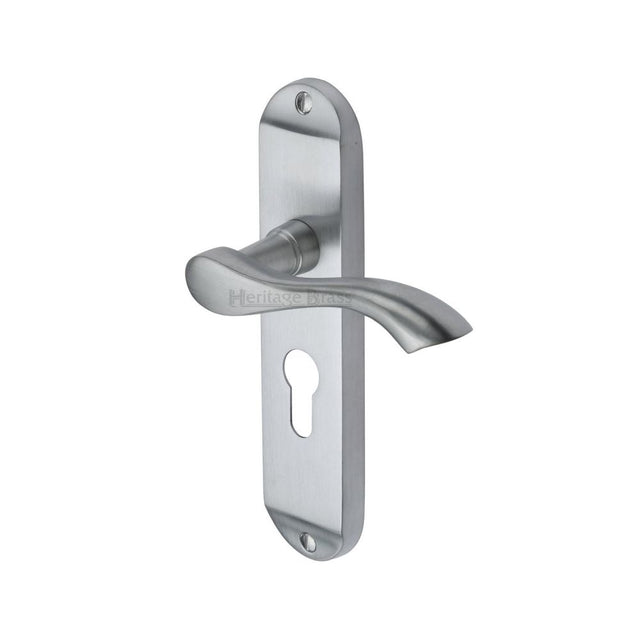 This is an image of a Heritage Brass - Door Handle for Euro Profile Plate Algarve Design Satin Chrome F, mm925-sc that is available to order from T.H Wiggans Ironmongery in Kendal.