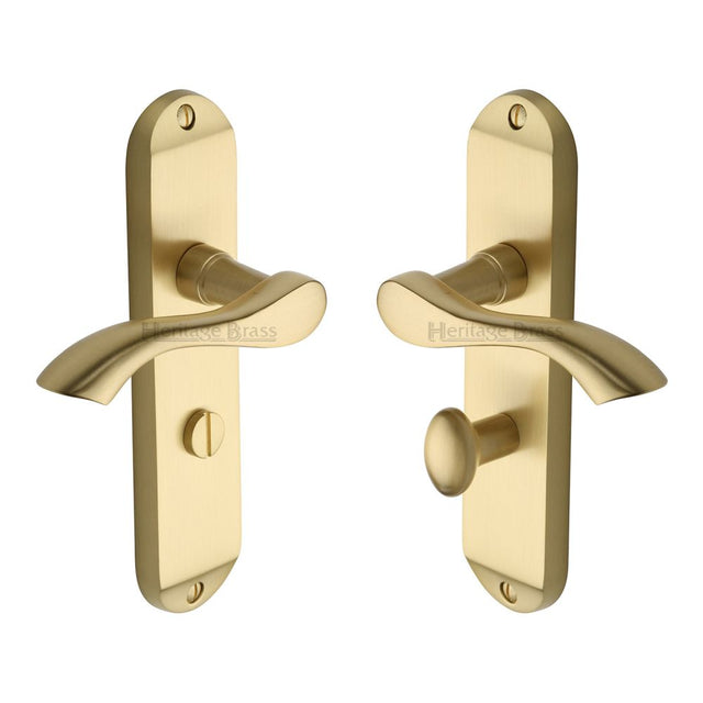 This is an image of a Heritage Brass - Door Handle for Bathroom Algarve Design Satin Brass Finish, mm928-sb that is available to order from T.H Wiggans Ironmongery in Kendal.