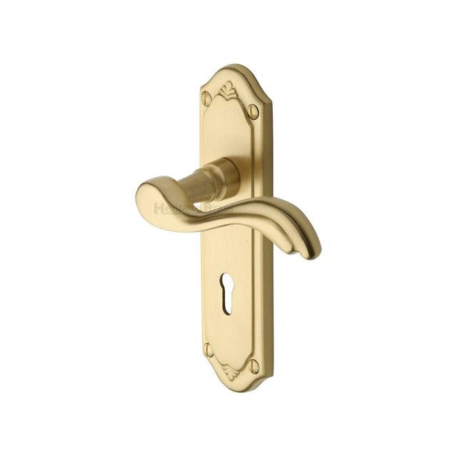 This is an image of a Heritage Brass - Door Handle Lever Lock Lisboa Design Satin Brass Finish, mm991-sb that is available to order from T.H Wiggans Ironmongery in Kendal.