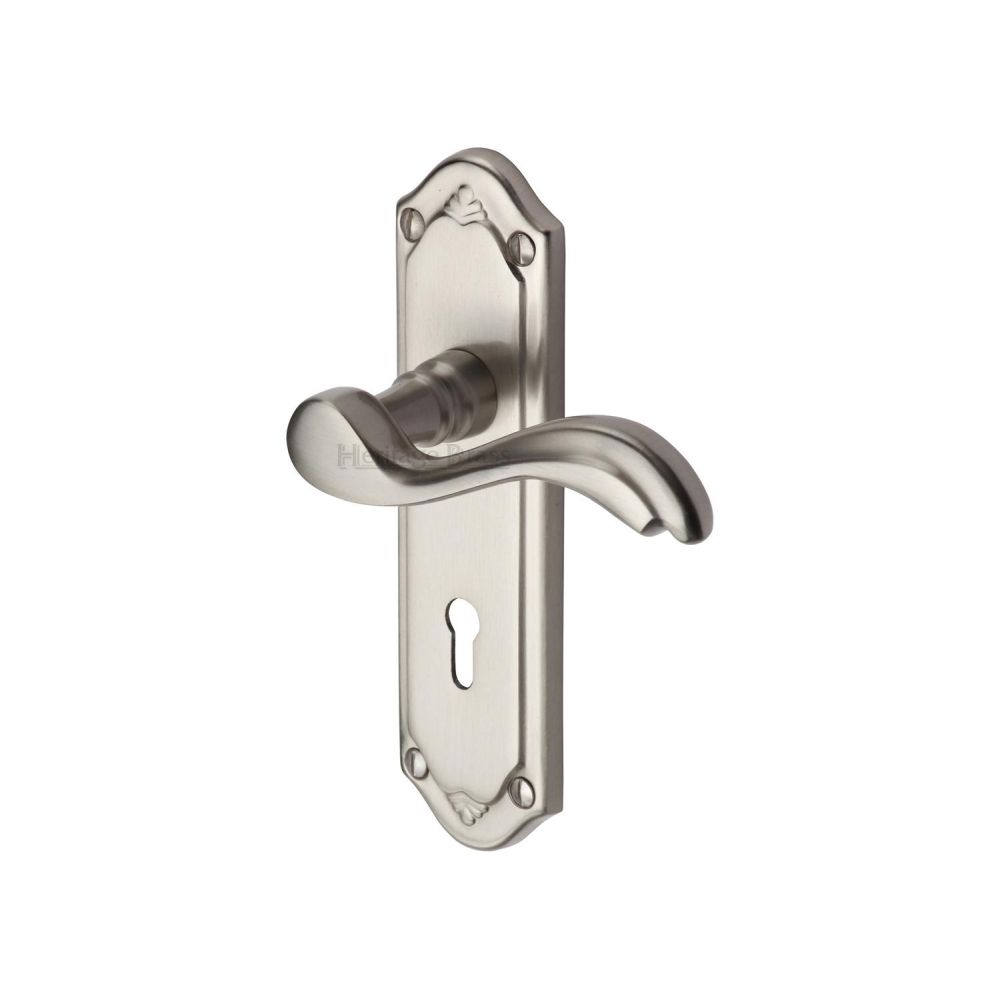 This is an image of a Heritage Brass - Door Handle Lever Lock Lisboa Design Satin Nickel Finish, mm991-sn that is available to order from T.H Wiggans Ironmongery in Kendal.