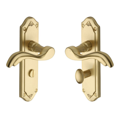 This is an image of a Heritage Brass - Door Handle for Bathroom Lisboa Design Satin Brass Finish, mm993-sb that is available to order from T.H Wiggans Ironmongery in Kendal.