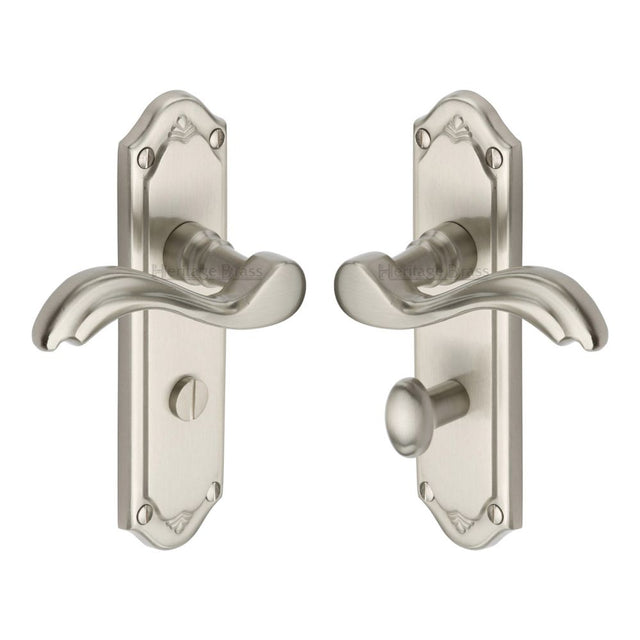 This is an image of a Heritage Brass - Door Handle for Bathroom Lisboa Design Satin Nickel Finish, mm993-sn that is available to order from T.H Wiggans Ironmongery in Kendal.