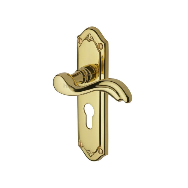 This is an image of a Heritage Brass - Door Handle for Euro Profile Plate Lisboa Design Polished Brass Fin, mm994-48-pb that is available to order from T.H Wiggans Ironmongery in Kendal.