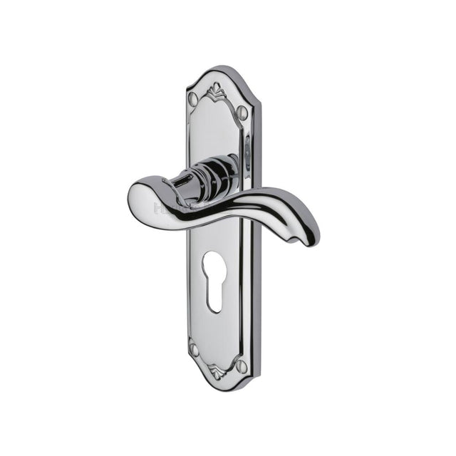 This is an image of a Heritage Brass - Door Handle for Euro Profile Plate Lisboa Design Polished Chrome Fi, mm994-48-pc that is available to order from T.H Wiggans Ironmongery in Kendal.