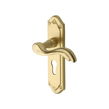 This is an image of a Heritage Brass - Door Handle for Euro Profile Plate Lisboa Design Satin Brass Fin, mm994-48-sb that is available to order from T.H Wiggans Ironmongery in Kendal.