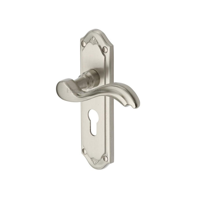 This is an image of a Heritage Brass - Door Handle for Euro Profile Plate Lisboa Design Satin Nickel Fi, mm994-48-sn that is available to order from T.H Wiggans Ironmongery in Kendal.