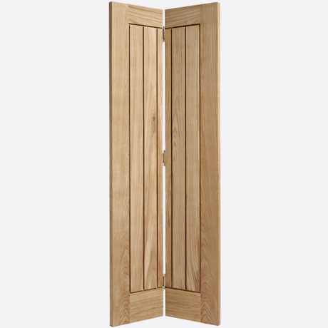 This is an image showing the LPD - Mexicano Bi-Fold Pre-Finished Oak Doors Available to order from T.H. Wiggans Ironmongery in Kendal