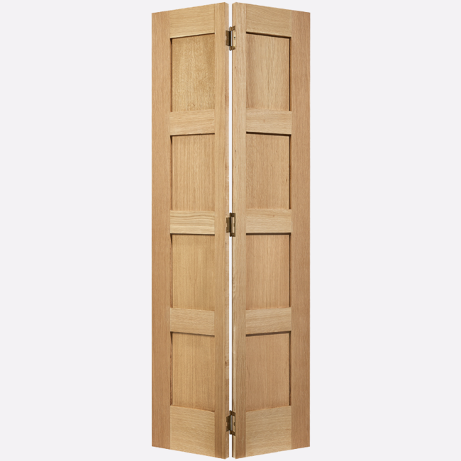 This is an image showing the LPD - Shaker 4P Bi-Fold Unfinished Oak Doors Available to order from T.H. Wiggans Ironmongery in Kendal