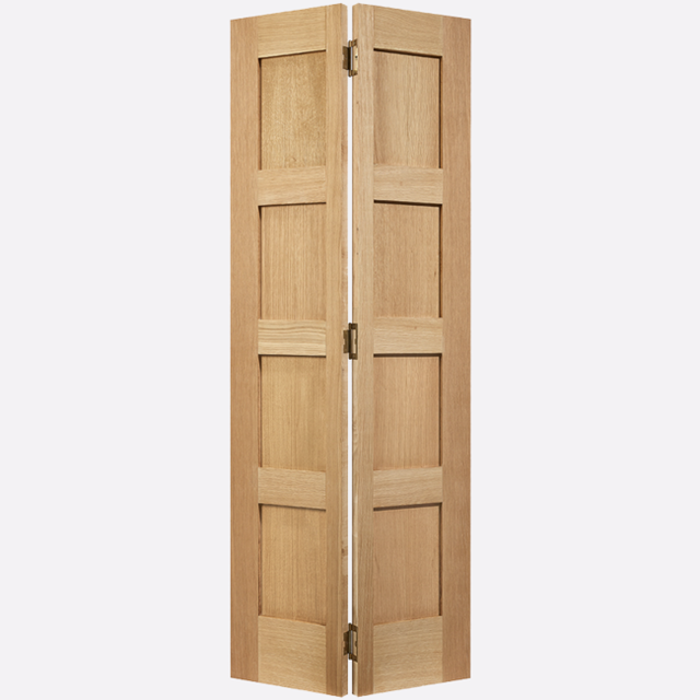 This is an image showing the LPD - Shaker 4P Bi-Fold Unfinished Oak Doors Available to order from T.H. Wiggans Ironmongery in Kendal