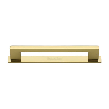 This is an image of a Heritage Brass - Cabinet Pull Metro Design with Plate 160mm CTC Polished Brass Finis, pl0337-160-pb that is available to order from T.H Wiggans Ironmongery in Kendal.