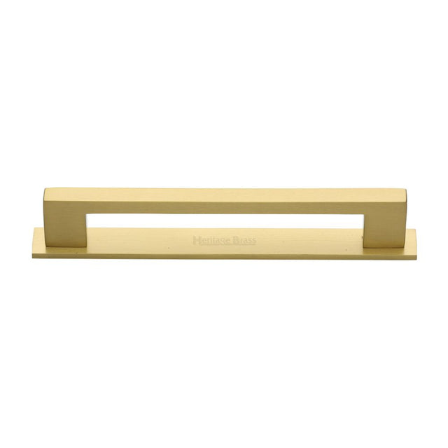 This is an image of a Heritage Brass - Cabinet Pull Metro Design with Plate 160mm CTC Satin Brass Finis, pl0337-160-sb that is available to order from T.H Wiggans Ironmongery in Kendal.