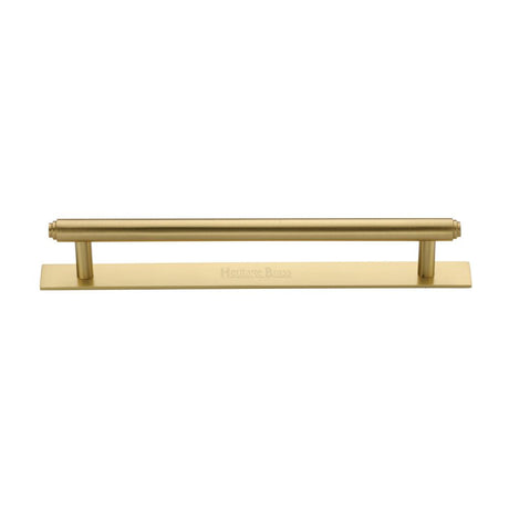 This is an image of a Heritage Brass - Cabinet Pull Step Design with Plate 160mm CTC Satin Brass Finish, pl4410-160-sb that is available to order from T.H Wiggans Ironmongery in Kendal.