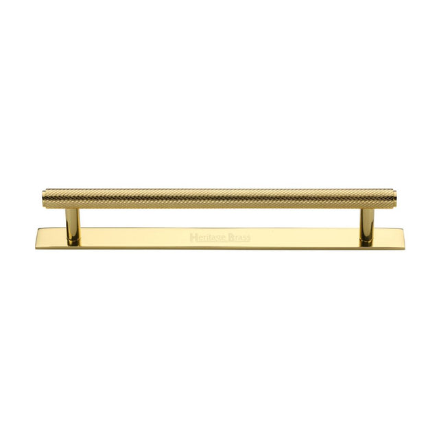 This is an image of a Heritage Brass - Cabinet Pull Knurled Design with Plate 160mm CTC Polished Brass Fin, pl4458-160-pb that is available to order from T.H Wiggans Ironmongery in Kendal.