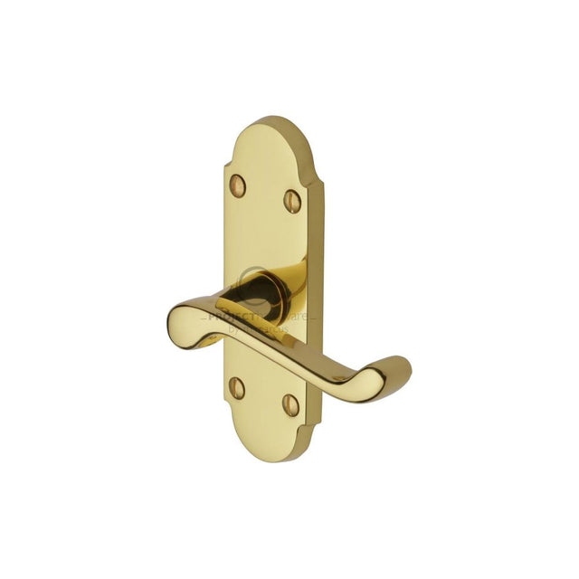 This is an image of a Project Hardware - Door Handle Lever Latch Milton Short Design Polished Brass Finish, pr505-pb that is available to order from T.H Wiggans Ironmongery in Kendal.