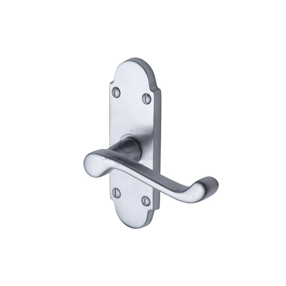 This is an image of a Project Hardware - Door Handle Lever Latch Milton Short Design Satin Chrome Finis, pr505-sc that is available to order from T.H Wiggans Ironmongery in Kendal.