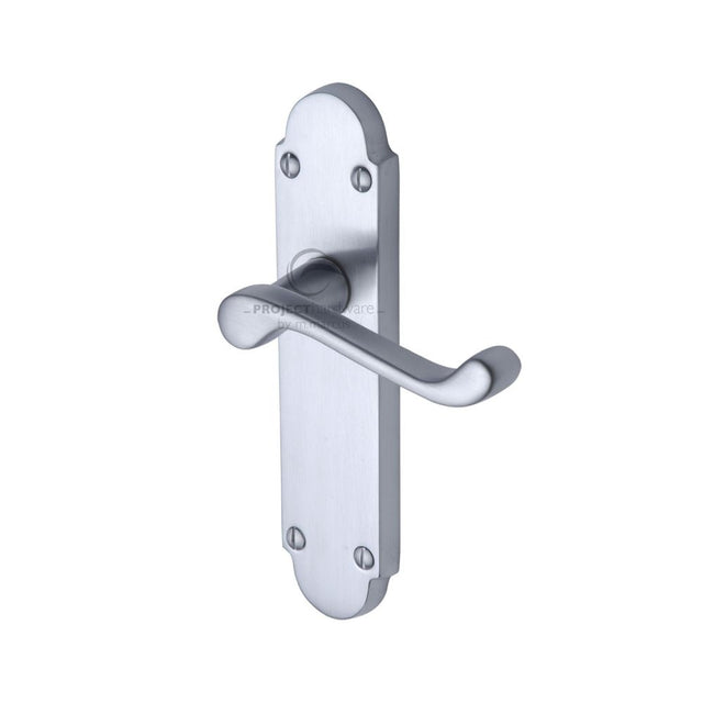 This is an image of a Project Hardware - Door Handle Lever Latch Milton Design Satin Chrome Finish, pr510-sc that is available to order from T.H Wiggans Ironmongery in Kendal.