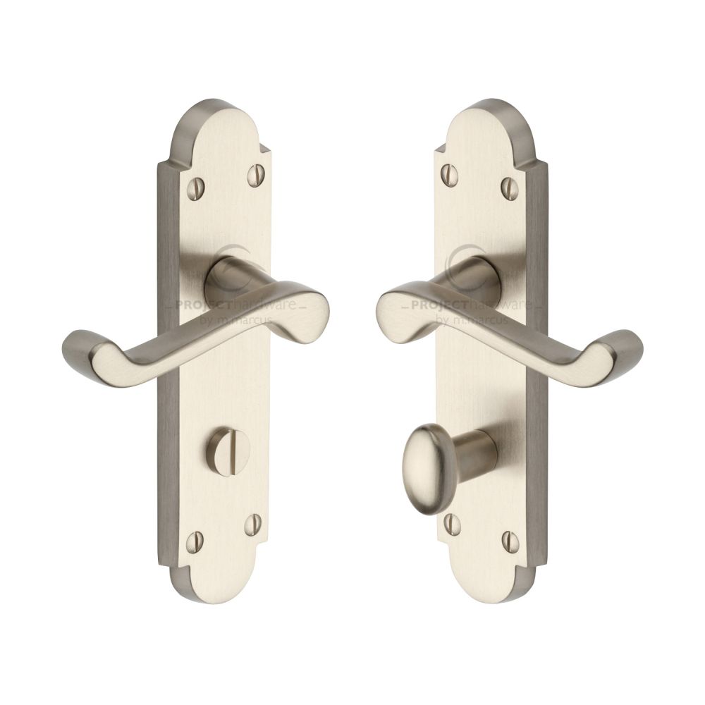 This is an image of a Project Hardware - Door Handle for Bathroom Milton Design Satin Nickel Finish, pr520-sn that is available to order from T.H Wiggans Ironmongery in Kendal.