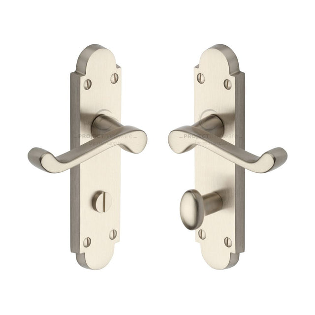 This is an image of a Project Hardware - Door Handle for Bathroom Milton Design Satin Nickel Finish, pr520-sn that is available to order from T.H Wiggans Ironmongery in Kendal.