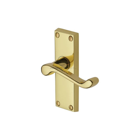 This is an image of a Project Hardware - Door Handle Lever Latch Malvern Short Design Polished Brass Finis, pr610-pb that is available to order from T.H Wiggans Ironmongery in Kendal.