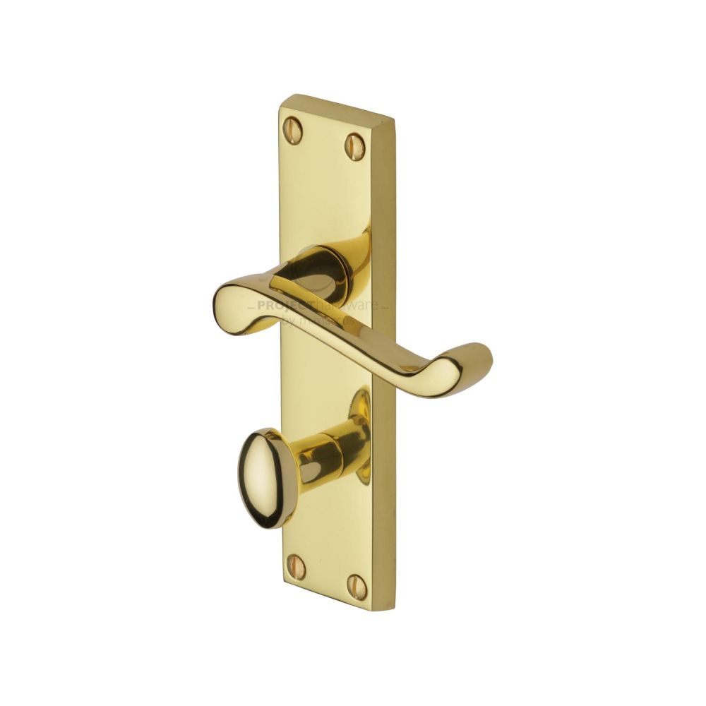 This is an image of a Project Hardware - Door Handle for Bathroom Malvern Design Polished Brass Finish, pr620-pb that is available to order from T.H Wiggans Ironmongery in Kendal.