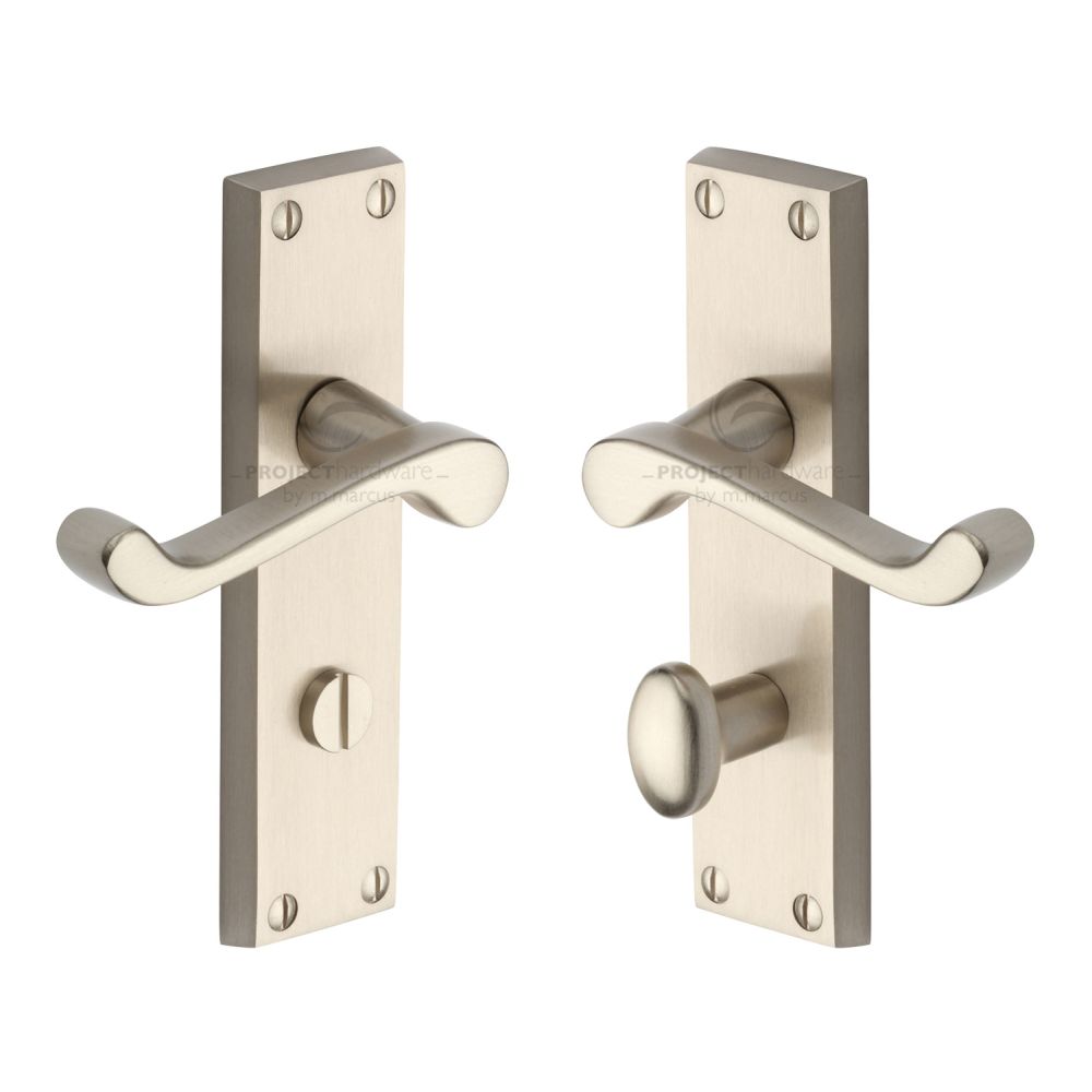 This is an image of a Project Hardware - Door Handle for Bathroom Malvern Design Satin Nickel Finish, pr620-sn that is available to order from T.H Wiggans Ironmongery in Kendal.