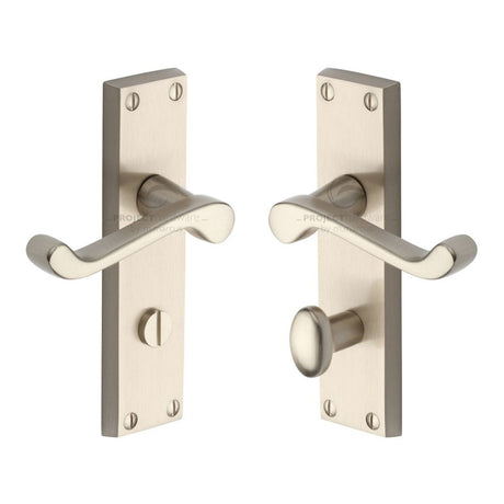 This is an image of a Project Hardware - Door Handle for Bathroom Malvern Design Satin Nickel Finish, pr620-sn that is available to order from T.H Wiggans Ironmongery in Kendal.