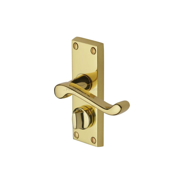 This is an image of a Project Hardware - Door Handle for Privacy Set Malvern Short Design Polished Brass F, pr625-pb that is available to order from T.H Wiggans Ironmongery in Kendal.