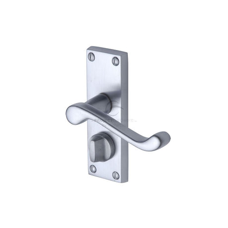 This is an image of a Project Hardware - Door Handle for Privacy Set Malvern Short Design Satin Chrome, pr625-sc that is available to order from T.H Wiggans Ironmongery in Kendal.