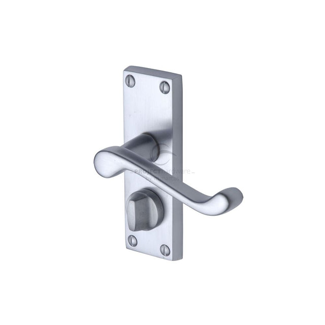 This is an image of a Project Hardware - Door Handle for Privacy Set Malvern Short Design Satin Chrome, pr625-sc that is available to order from T.H Wiggans Ironmongery in Kendal.