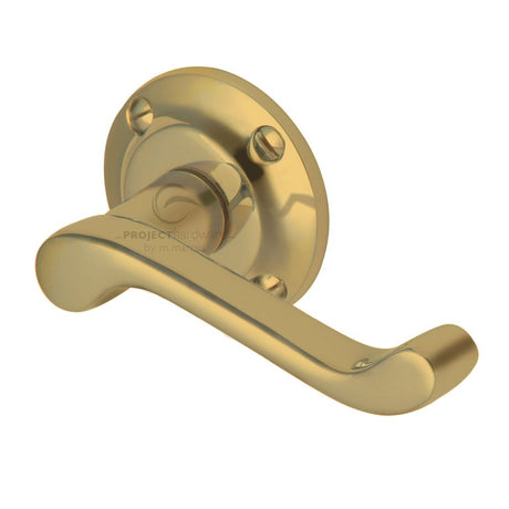This is an image of a Project Hardware - Door Handle Lever Latch on Round Rose Malvern Design Polished Bra, pr630-pb that is available to order from T.H Wiggans Ironmongery in Kendal.