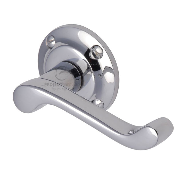 This is an image of a Project Hardware - Door Handle Lever Latch on Round Rose Malvern Design Polished Chr, pr630-pc that is available to order from T.H Wiggans Ironmongery in Kendal.