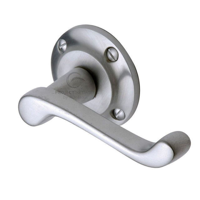 This is an image of a Project Hardware - Door Handle Lever Latch on Round Rose Malvern Design Satin Chr, pr630-sc that is available to order from T.H Wiggans Ironmongery in Kendal.