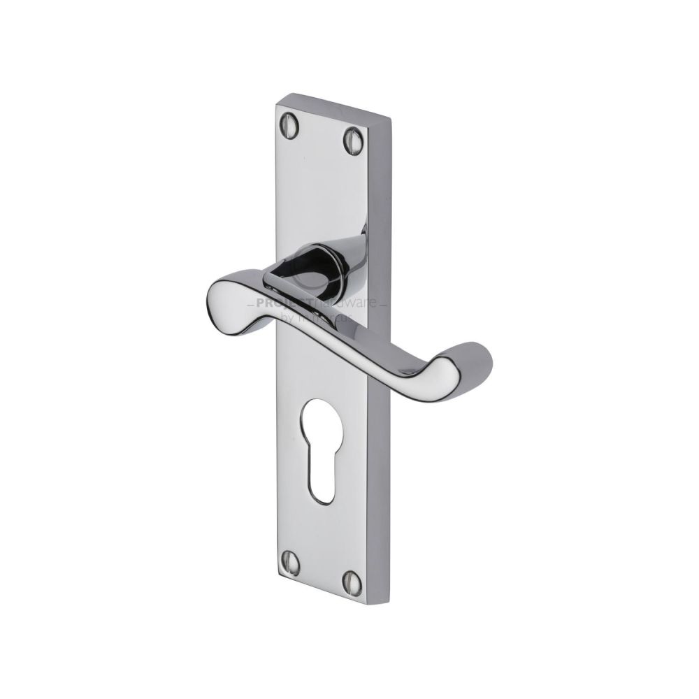 This is an image of a Project Hardware - Door Handle for Euro Profile Plate Malvern Design Polished Chrome, pr648-pc that is available to order from T.H Wiggans Ironmongery in Kendal.