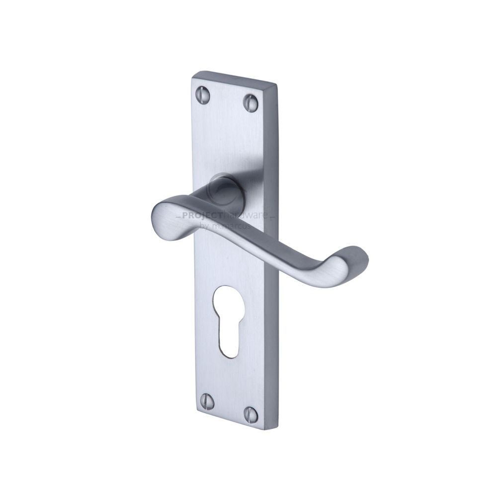 This is an image of a Project Hardware - Door Handle for Euro Profile Plate Malvern Design Satin Chrome, pr648-sc that is available to order from T.H Wiggans Ironmongery in Kendal.