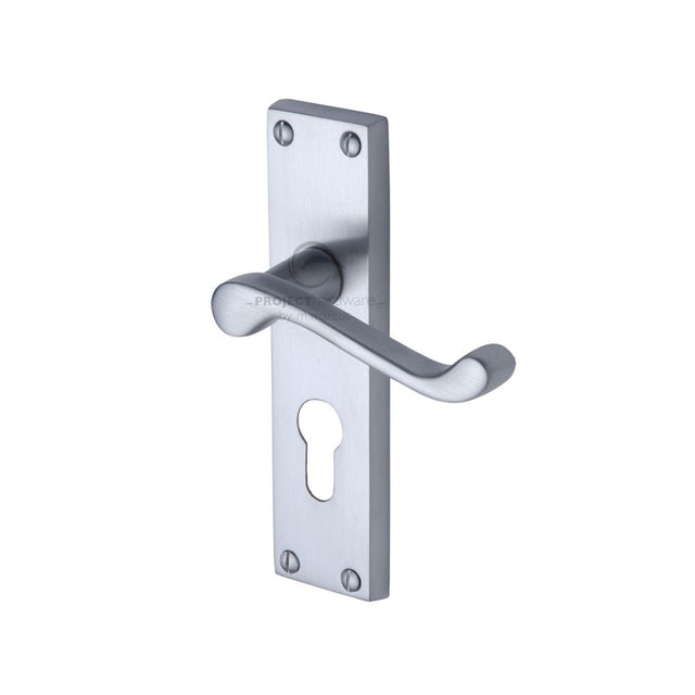 This is an image of a Project Hardware - Door Handle for Euro Profile Plate Malvern Design Satin Chrome, pr648-sc that is available to order from T.H Wiggans Ironmongery in Kendal.