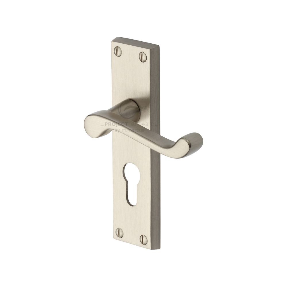 This is an image of a Project Hardware - Door Handle for Euro Profile Plate Malvern Design Satin Nickel, pr648-sn that is available to order from T.H Wiggans Ironmongery in Kendal.