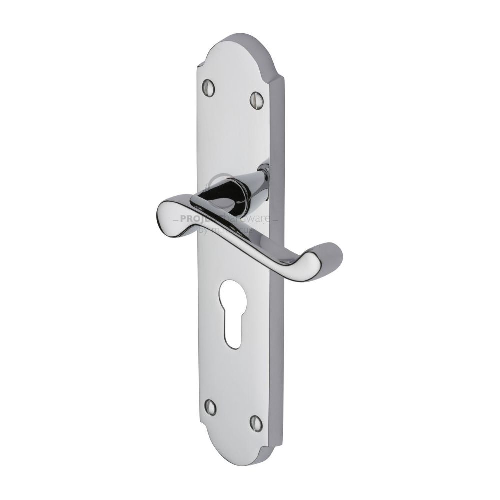 This is an image of a Project Hardware - Door Handle for Euro Profile Plate Kensington Design Polished Chr, pr7048-pc that is available to order from T.H Wiggans Ironmongery in Kendal.