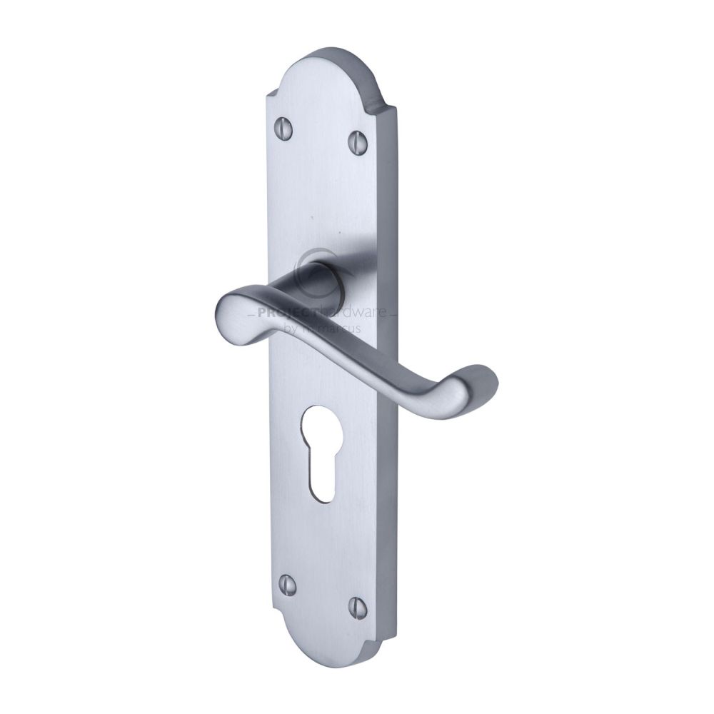 This is an image of a Project Hardware - Door Handle for Euro Profile Plate Kensington Design Satin Chr, pr7048-sc that is available to order from T.H Wiggans Ironmongery in Kendal.