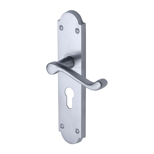 This is an image of a Project Hardware - Door Handle for Euro Profile Plate Kensington Design Satin Chr, pr7048-sc that is available to order from T.H Wiggans Ironmongery in Kendal.