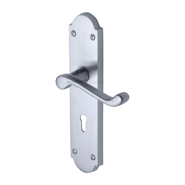 This is an image of a Project Hardware - Door Handle Lever Lock Kensington Design Satin Chrome Finish, pr7082-sc that is available to order from T.H Wiggans Ironmongery in Kendal.