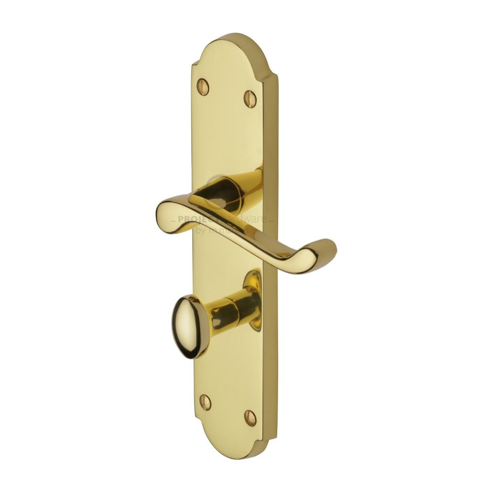 This is an image of a Project Hardware - Door Handle for Bathroom Kensington Design Polished Brass Finish, pr7088-pb that is available to order from T.H Wiggans Ironmongery in Kendal.