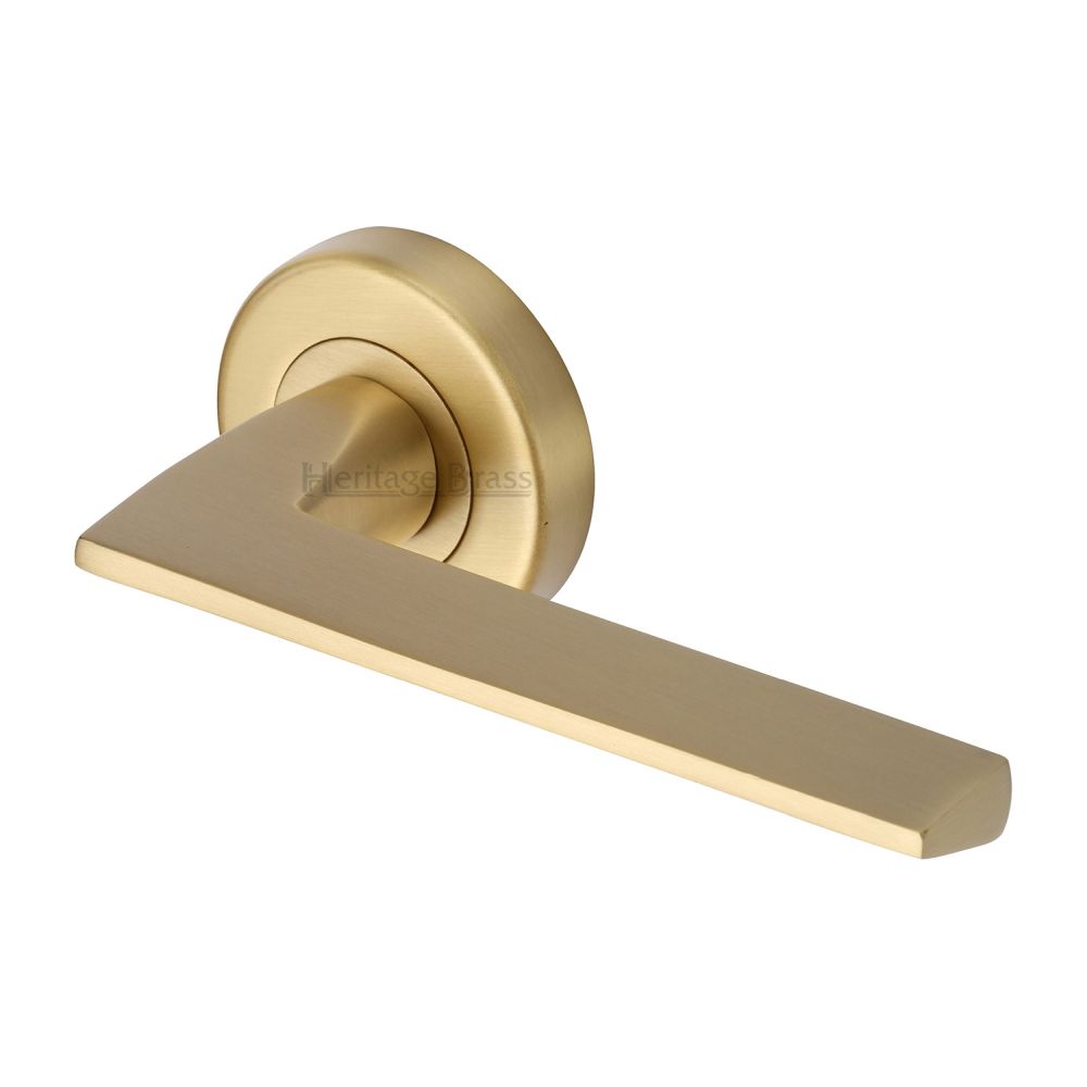This is an image of a Heritage Brass - Door Handle Lever Latch on Round Rose Pyramid Design Satin Brass, pyd3535-sb that is available to order from T.H Wiggans Ironmongery in Kendal.
