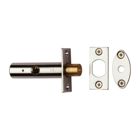 This is an image of a Heritage Brass - Rack Bolt without Turn Polished Nickel Finish, rb7-pnf that is available to order from T.H Wiggans Ironmongery in Kendal.
