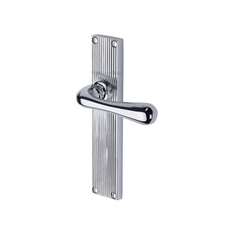 This is an image of a Heritage Brass - Charlbury Reeded Lever Latch Polished Chrome finish, rr3010-pc that is available to order from T.H Wiggans Ironmongery in Kendal.
