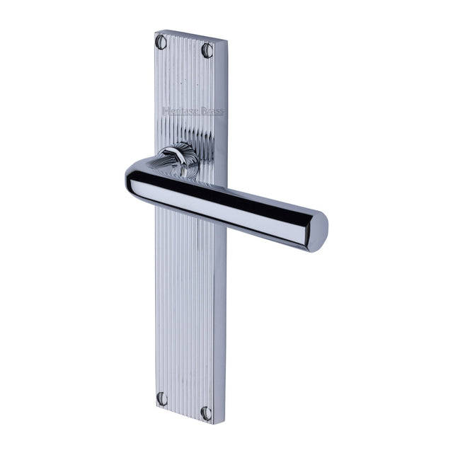 This is an image of a Heritage Brass - Octave Reeded Lever Latch Polished Chrome finish, rr3710-pc that is available to order from T.H Wiggans Ironmongery in Kendal.