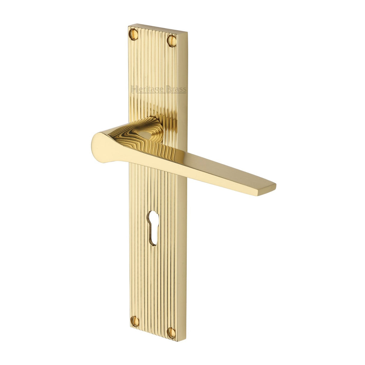 This is an image of a Heritage Brass - Gio Reeded Lever Lock Polished Brass finish, rr4700-pb that is available to order from T.H Wiggans Ironmongery in Kendal.