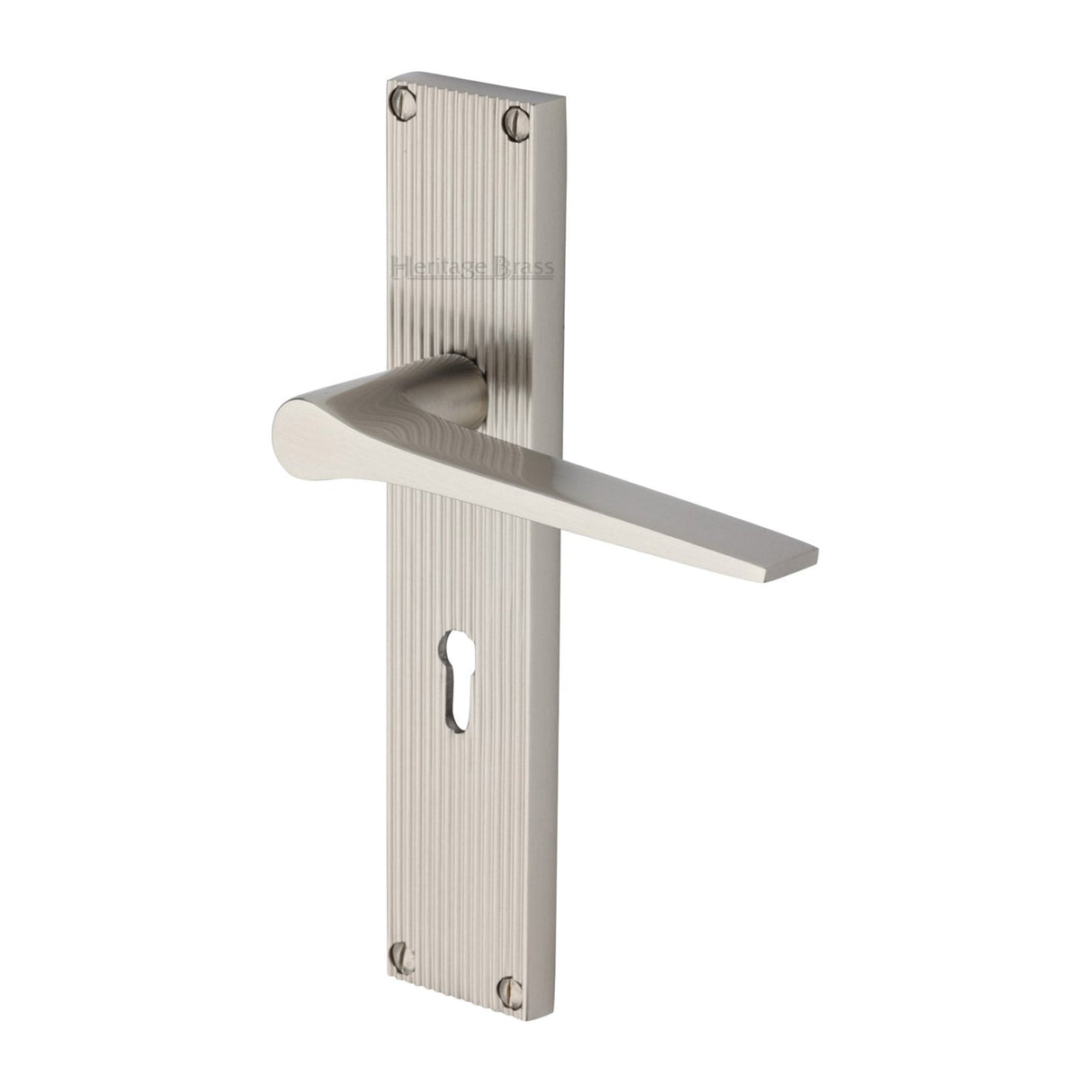This is an image of a Heritage Brass - Gio Reeded Lever Lock Satin Nickel finish, rr4700-sn that is available to order from T.H Wiggans Ironmongery in Kendal.